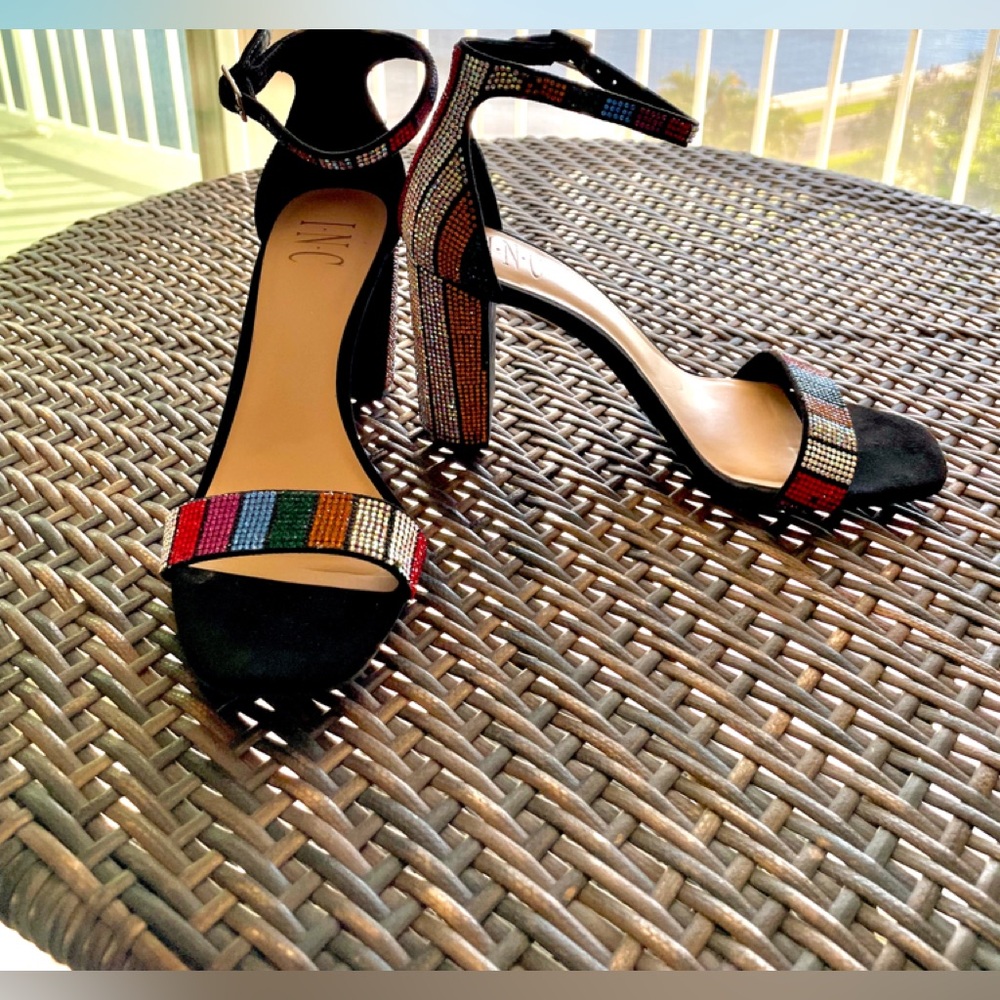 Sparkle diamanté rainbow colors are party ready chunky heel with ankle strap